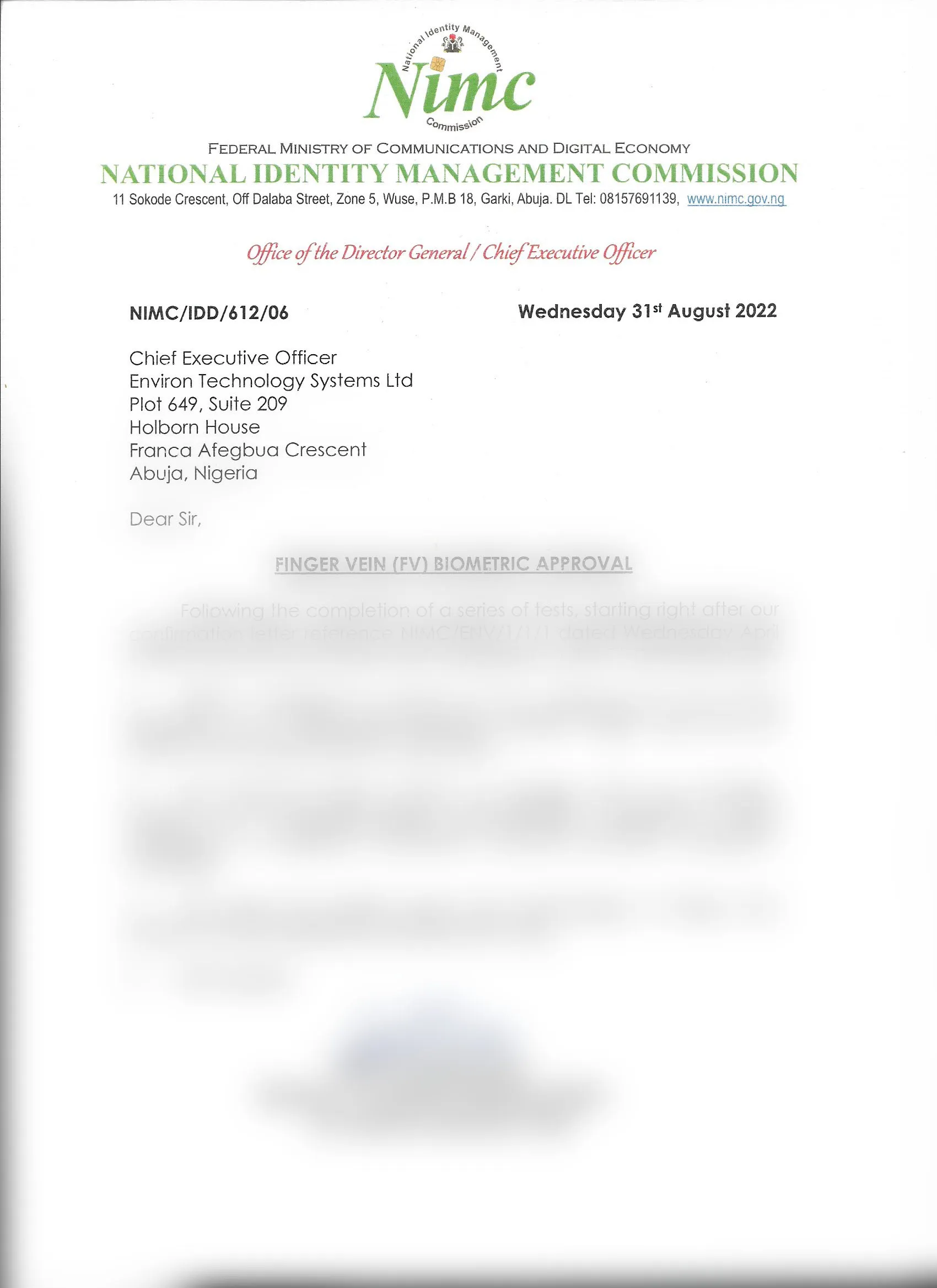 NIMC Environ biolicence